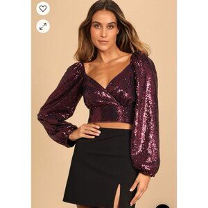 Lulus Purple Wine Sequined Long Puff Sleeve Cropped Top M Medium NEW